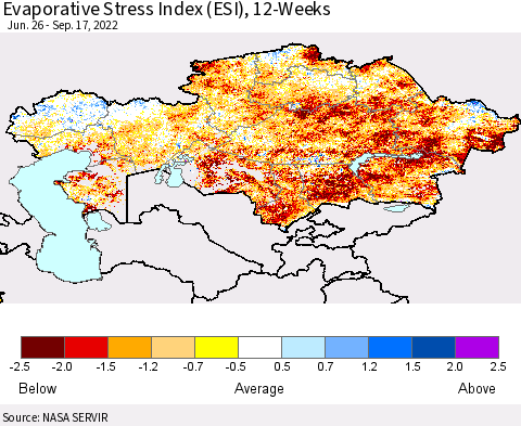 Kazakhstan Evaporative Stress Index (ESI), 12-Weeks Thematic Map For 9/12/2022 - 9/18/2022