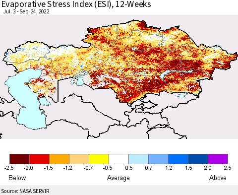 Kazakhstan Evaporative Stress Index (ESI), 12-Weeks Thematic Map For 9/19/2022 - 9/25/2022