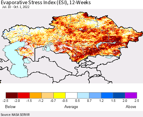 Kazakhstan Evaporative Stress Index (ESI), 12-Weeks Thematic Map For 9/26/2022 - 10/2/2022