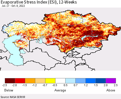 Kazakhstan Evaporative Stress Index (ESI), 12-Weeks Thematic Map For 10/3/2022 - 10/9/2022