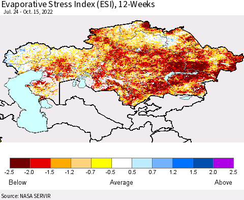 Kazakhstan Evaporative Stress Index (ESI), 12-Weeks Thematic Map For 10/10/2022 - 10/16/2022