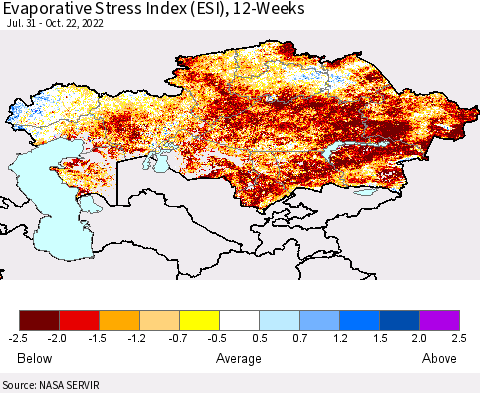 Kazakhstan Evaporative Stress Index (ESI), 12-Weeks Thematic Map For 10/17/2022 - 10/23/2022