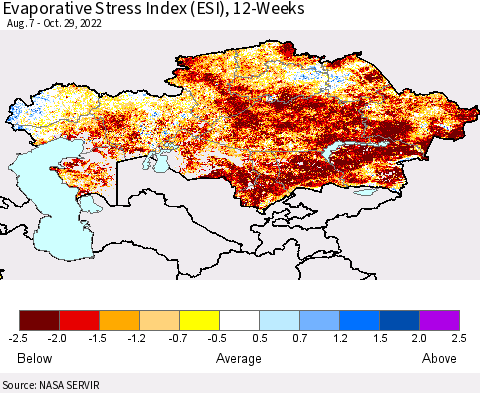 Kazakhstan Evaporative Stress Index (ESI), 12-Weeks Thematic Map For 10/24/2022 - 10/30/2022