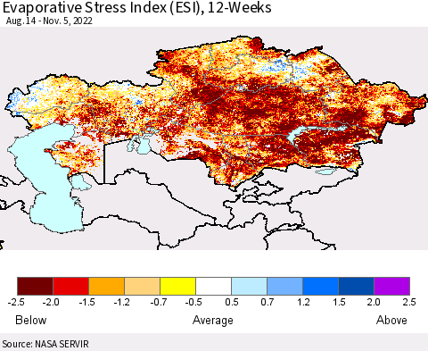 Kazakhstan Evaporative Stress Index (ESI), 12-Weeks Thematic Map For 10/31/2022 - 11/6/2022