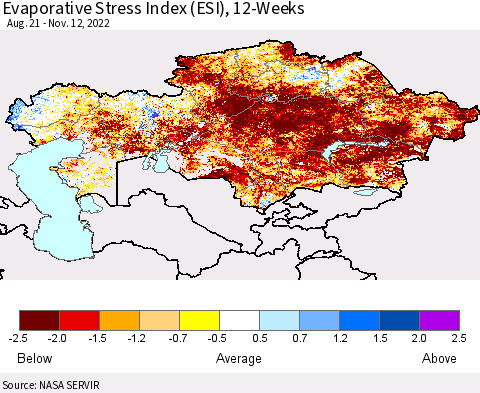 Kazakhstan Evaporative Stress Index (ESI), 12-Weeks Thematic Map For 11/7/2022 - 11/13/2022
