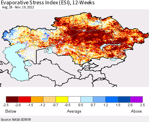 Kazakhstan Evaporative Stress Index (ESI), 12-Weeks Thematic Map For 11/14/2022 - 11/20/2022
