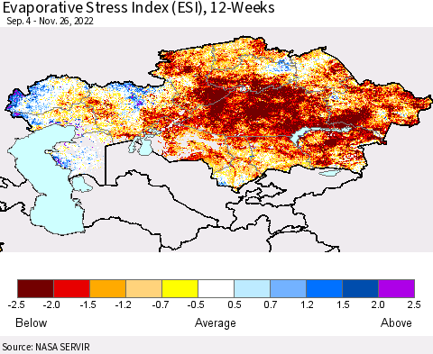 Kazakhstan Evaporative Stress Index (ESI), 12-Weeks Thematic Map For 11/21/2022 - 11/27/2022