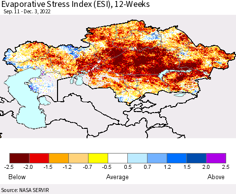 Kazakhstan Evaporative Stress Index (ESI), 12-Weeks Thematic Map For 11/28/2022 - 12/4/2022