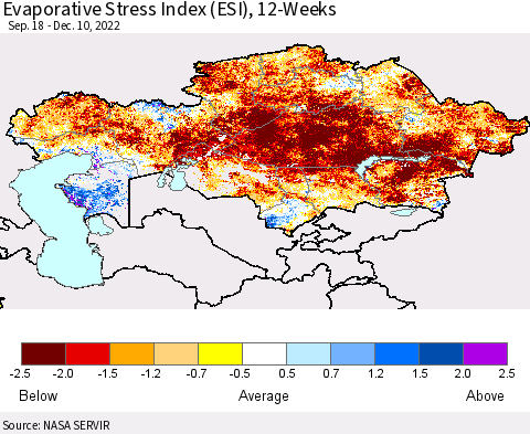 Kazakhstan Evaporative Stress Index (ESI), 12-Weeks Thematic Map For 12/5/2022 - 12/11/2022