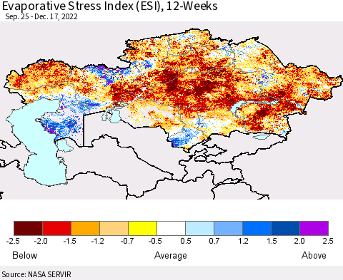 Kazakhstan Evaporative Stress Index (ESI), 12-Weeks Thematic Map For 12/12/2022 - 12/18/2022