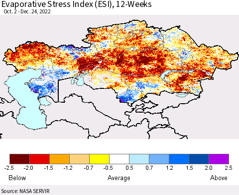 Kazakhstan Evaporative Stress Index (ESI), 12-Weeks Thematic Map For 12/19/2022 - 12/25/2022