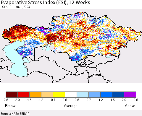 Kazakhstan Evaporative Stress Index (ESI), 12-Weeks Thematic Map For 12/26/2022 - 1/1/2023