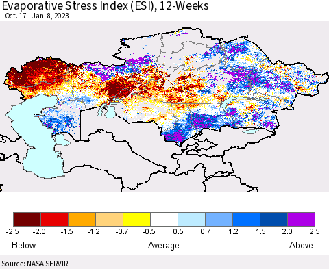 Kazakhstan Evaporative Stress Index (ESI), 12-Weeks Thematic Map For 1/2/2023 - 1/8/2023