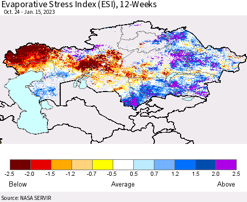Kazakhstan Evaporative Stress Index (ESI), 12-Weeks Thematic Map For 1/9/2023 - 1/15/2023