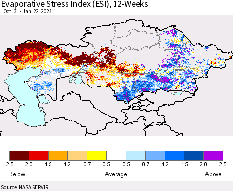 Kazakhstan Evaporative Stress Index (ESI), 12-Weeks Thematic Map For 1/16/2023 - 1/22/2023