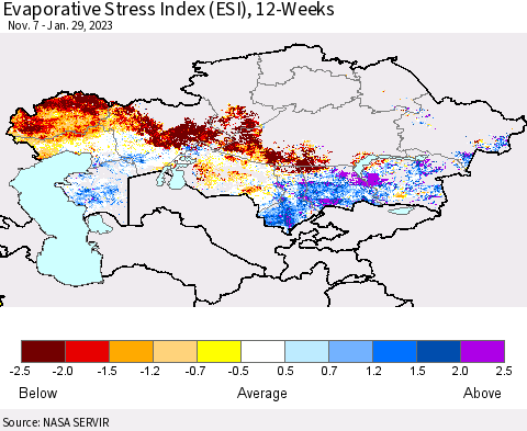 Kazakhstan Evaporative Stress Index (ESI), 12-Weeks Thematic Map For 1/23/2023 - 1/29/2023