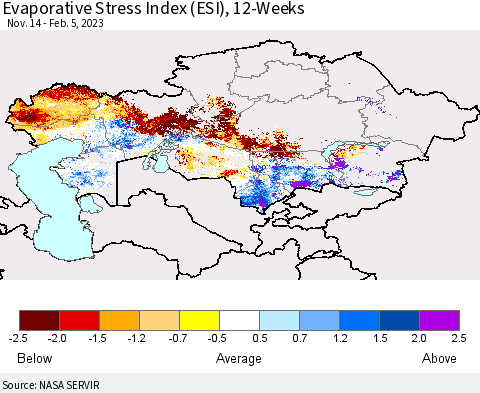 Kazakhstan Evaporative Stress Index (ESI), 12-Weeks Thematic Map For 1/30/2023 - 2/5/2023