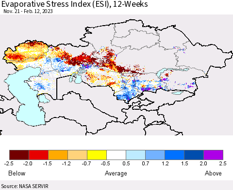 Kazakhstan Evaporative Stress Index (ESI), 12-Weeks Thematic Map For 2/6/2023 - 2/12/2023
