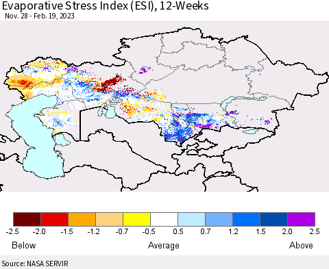 Kazakhstan Evaporative Stress Index (ESI), 12-Weeks Thematic Map For 2/13/2023 - 2/19/2023