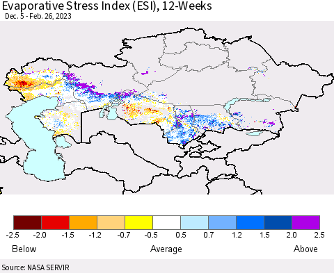 Kazakhstan Evaporative Stress Index (ESI), 12-Weeks Thematic Map For 2/20/2023 - 2/26/2023