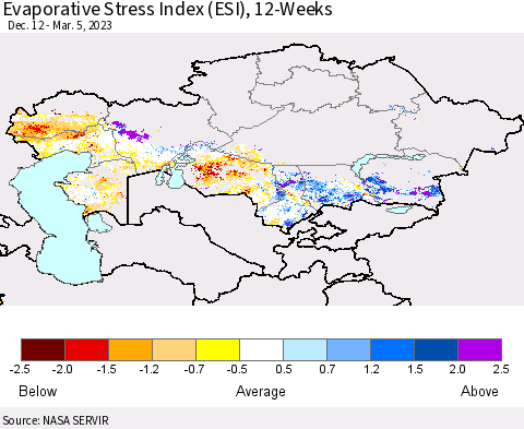 Kazakhstan Evaporative Stress Index (ESI), 12-Weeks Thematic Map For 2/27/2023 - 3/5/2023