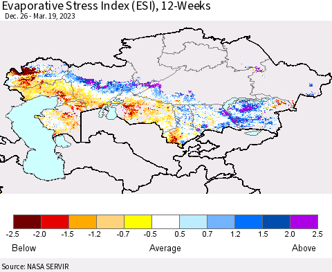 Kazakhstan Evaporative Stress Index (ESI), 12-Weeks Thematic Map For 3/13/2023 - 3/19/2023