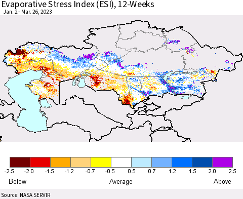 Kazakhstan Evaporative Stress Index (ESI), 12-Weeks Thematic Map For 3/20/2023 - 3/26/2023