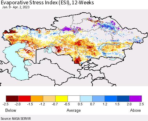 Kazakhstan Evaporative Stress Index (ESI), 12-Weeks Thematic Map For 3/27/2023 - 4/2/2023
