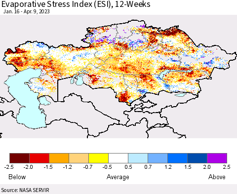 Kazakhstan Evaporative Stress Index (ESI), 12-Weeks Thematic Map For 4/3/2023 - 4/9/2023