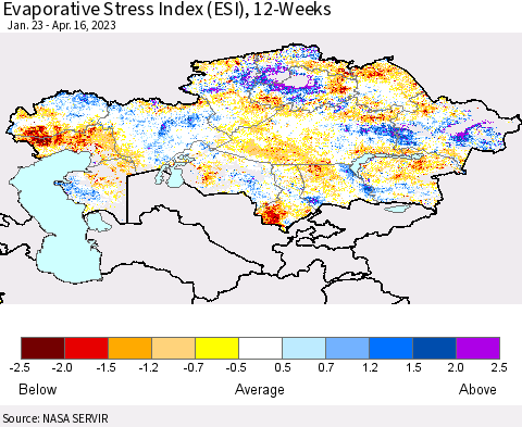 Kazakhstan Evaporative Stress Index (ESI), 12-Weeks Thematic Map For 4/10/2023 - 4/16/2023