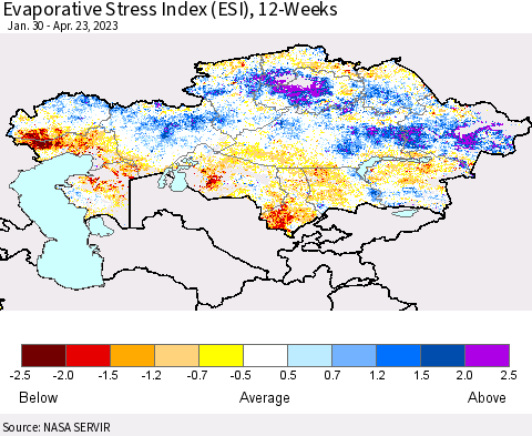 Kazakhstan Evaporative Stress Index (ESI), 12-Weeks Thematic Map For 4/17/2023 - 4/23/2023