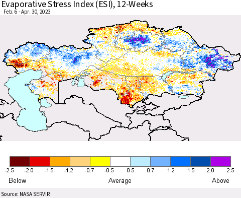 Kazakhstan Evaporative Stress Index (ESI), 12-Weeks Thematic Map For 4/24/2023 - 4/30/2023