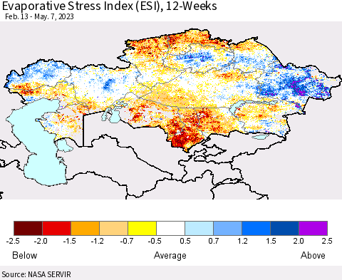 Kazakhstan Evaporative Stress Index (ESI), 12-Weeks Thematic Map For 5/1/2023 - 5/7/2023