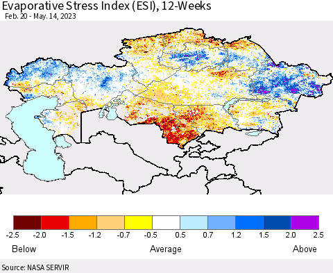 Kazakhstan Evaporative Stress Index (ESI), 12-Weeks Thematic Map For 5/8/2023 - 5/14/2023