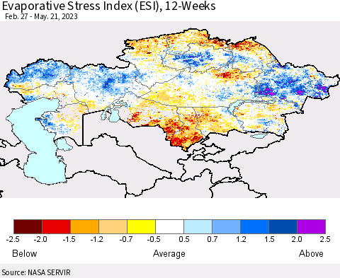 Kazakhstan Evaporative Stress Index (ESI), 12-Weeks Thematic Map For 5/15/2023 - 5/21/2023