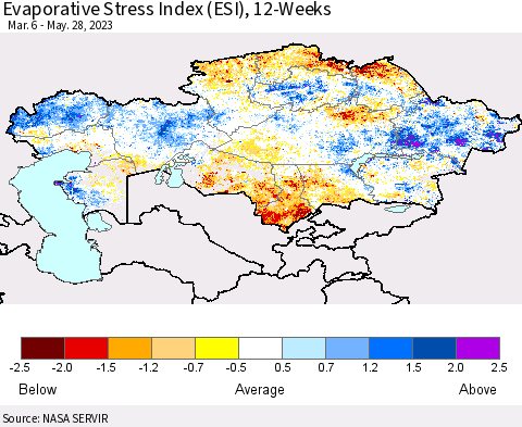 Kazakhstan Evaporative Stress Index (ESI), 12-Weeks Thematic Map For 5/22/2023 - 5/28/2023