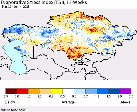 Kazakhstan Evaporative Stress Index (ESI), 12-Weeks Thematic Map For 5/29/2023 - 6/4/2023