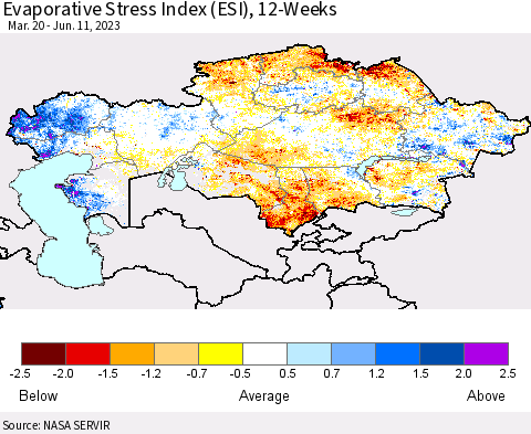 Kazakhstan Evaporative Stress Index (ESI), 12-Weeks Thematic Map For 6/5/2023 - 6/11/2023