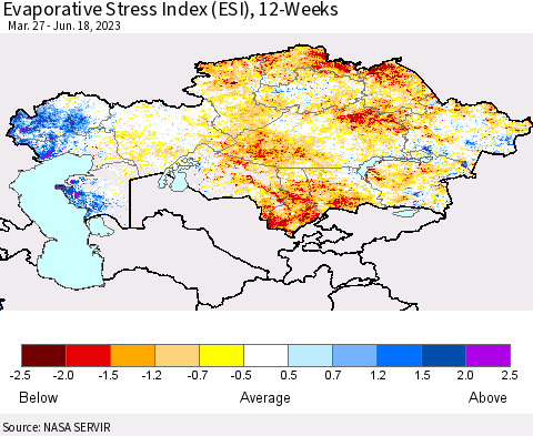 Kazakhstan Evaporative Stress Index (ESI), 12-Weeks Thematic Map For 6/12/2023 - 6/18/2023
