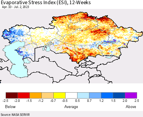 Kazakhstan Evaporative Stress Index (ESI), 12-Weeks Thematic Map For 6/26/2023 - 7/2/2023