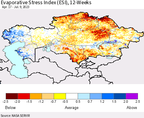 Kazakhstan Evaporative Stress Index (ESI), 12-Weeks Thematic Map For 7/3/2023 - 7/9/2023