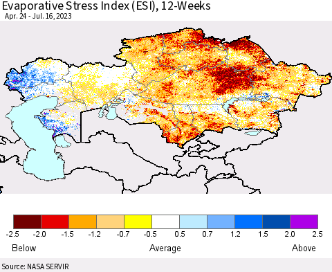 Kazakhstan Evaporative Stress Index (ESI), 12-Weeks Thematic Map For 7/10/2023 - 7/16/2023