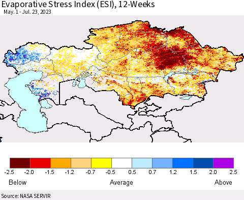 Kazakhstan Evaporative Stress Index (ESI), 12-Weeks Thematic Map For 7/17/2023 - 7/23/2023