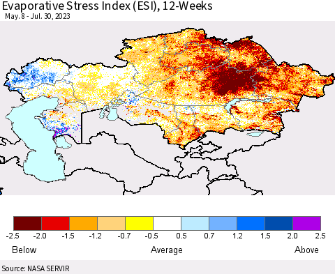 Kazakhstan Evaporative Stress Index (ESI), 12-Weeks Thematic Map For 7/24/2023 - 7/30/2023