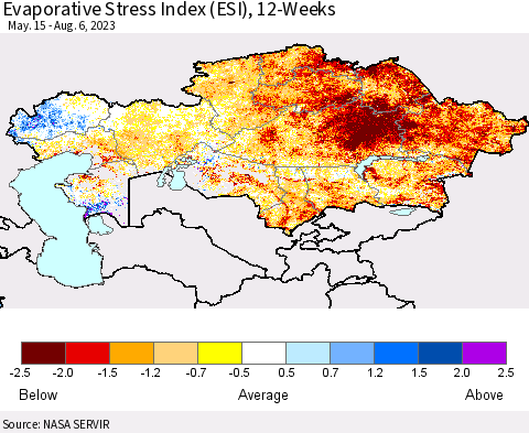 Kazakhstan Evaporative Stress Index (ESI), 12-Weeks Thematic Map For 7/31/2023 - 8/6/2023