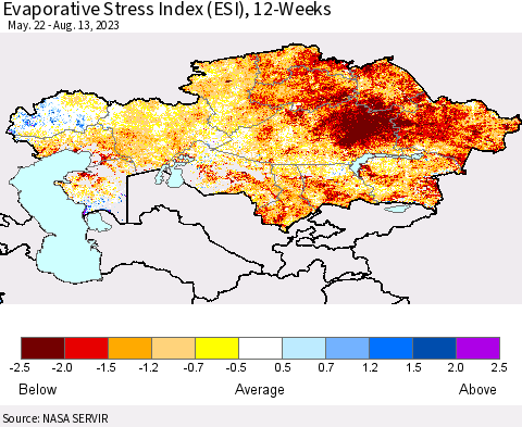 Kazakhstan Evaporative Stress Index (ESI), 12-Weeks Thematic Map For 8/7/2023 - 8/13/2023