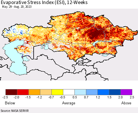 Kazakhstan Evaporative Stress Index (ESI), 12-Weeks Thematic Map For 8/14/2023 - 8/20/2023