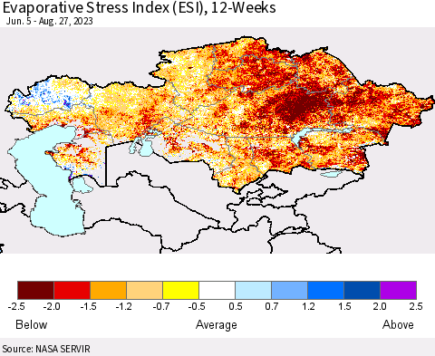 Kazakhstan Evaporative Stress Index (ESI), 12-Weeks Thematic Map For 8/21/2023 - 8/27/2023