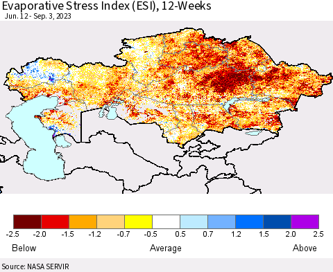 Kazakhstan Evaporative Stress Index (ESI), 12-Weeks Thematic Map For 8/28/2023 - 9/3/2023