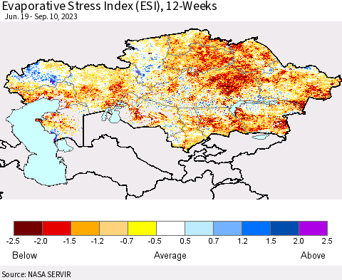 Kazakhstan Evaporative Stress Index (ESI), 12-Weeks Thematic Map For 9/4/2023 - 9/10/2023